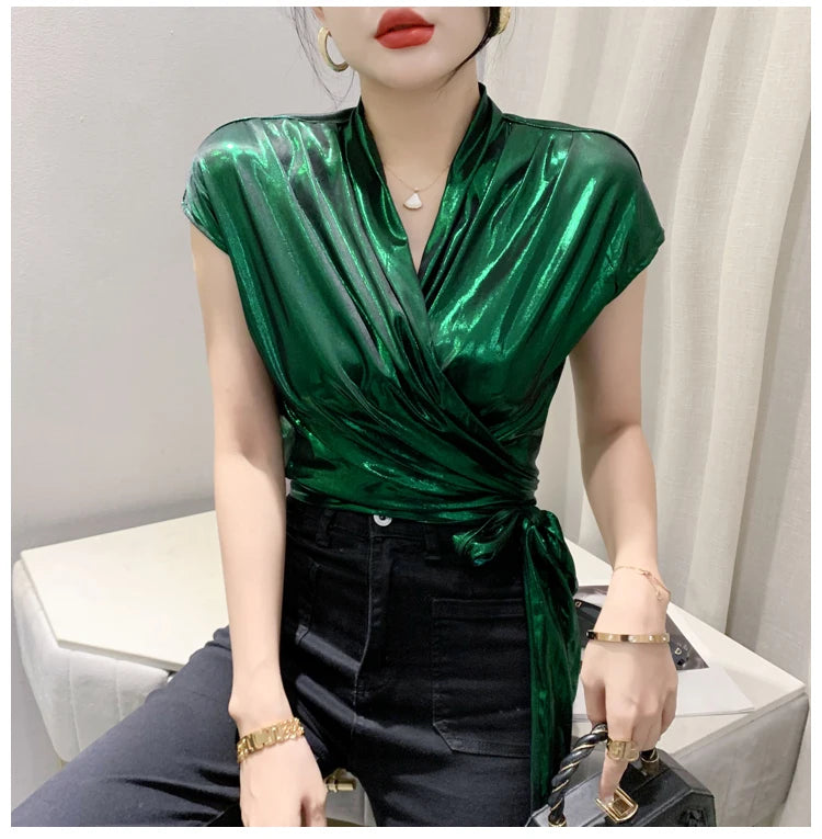 Shine & Chic – Metallic Short Sleeve Wrap Top for Women