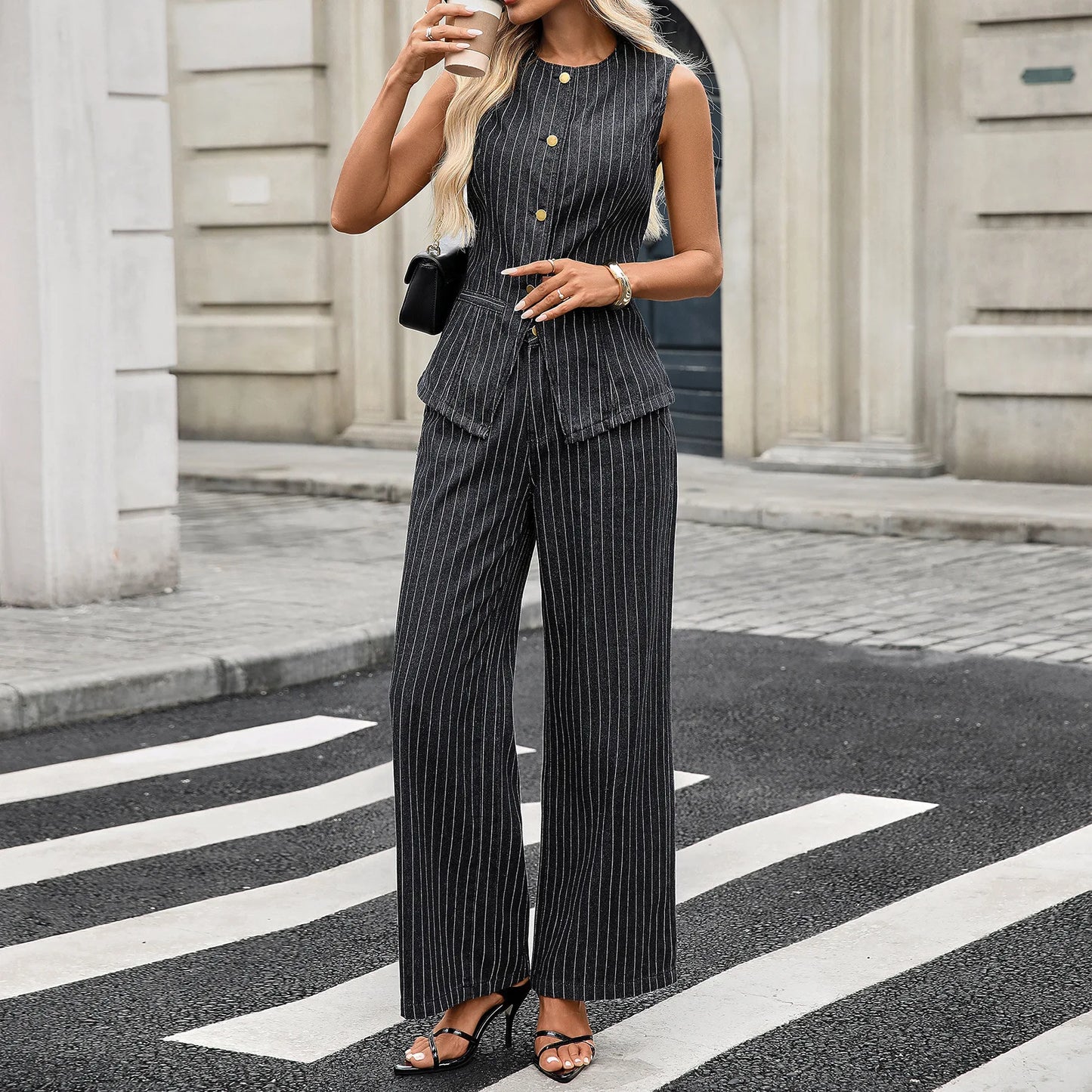 Trendy Two-Piece Set – Sleeveless Darted Vest with Wide-Leg Trousers
