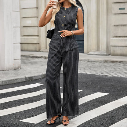 Trendy Two-Piece Set – Sleeveless Darted Vest with Wide-Leg Trousers