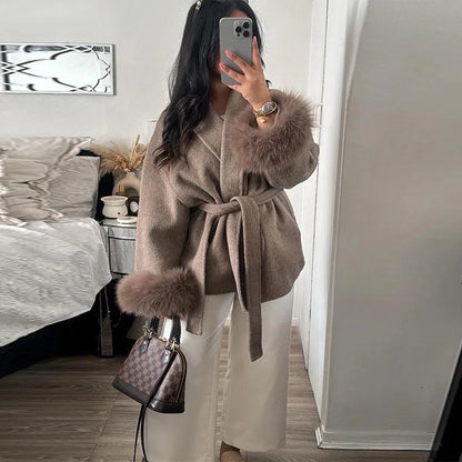 Elegant Woolen Coat – Women’s Full Sleeve Loose Short Coat with Belt
