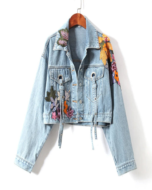 Floral Beaded Denim Jacket – Women’s Cowboy Cardigan Top with Ribbons