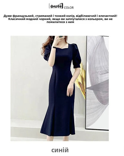 Fashionable Summer Dress – Slim Fit Square Collar Bubble Sleeve