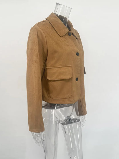 Women’s Casual Suede Jacket – Long Sleeve Solid Lapel Autumn Coat