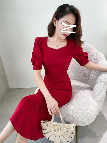 Fashionable Summer Dress – Slim Fit Square Collar Bubble Sleeve