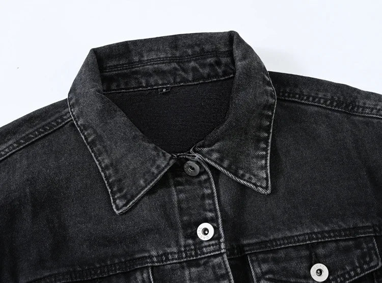 Short Denim Jacket for Women – Black Lapel Long Sleeve Fashion Coat