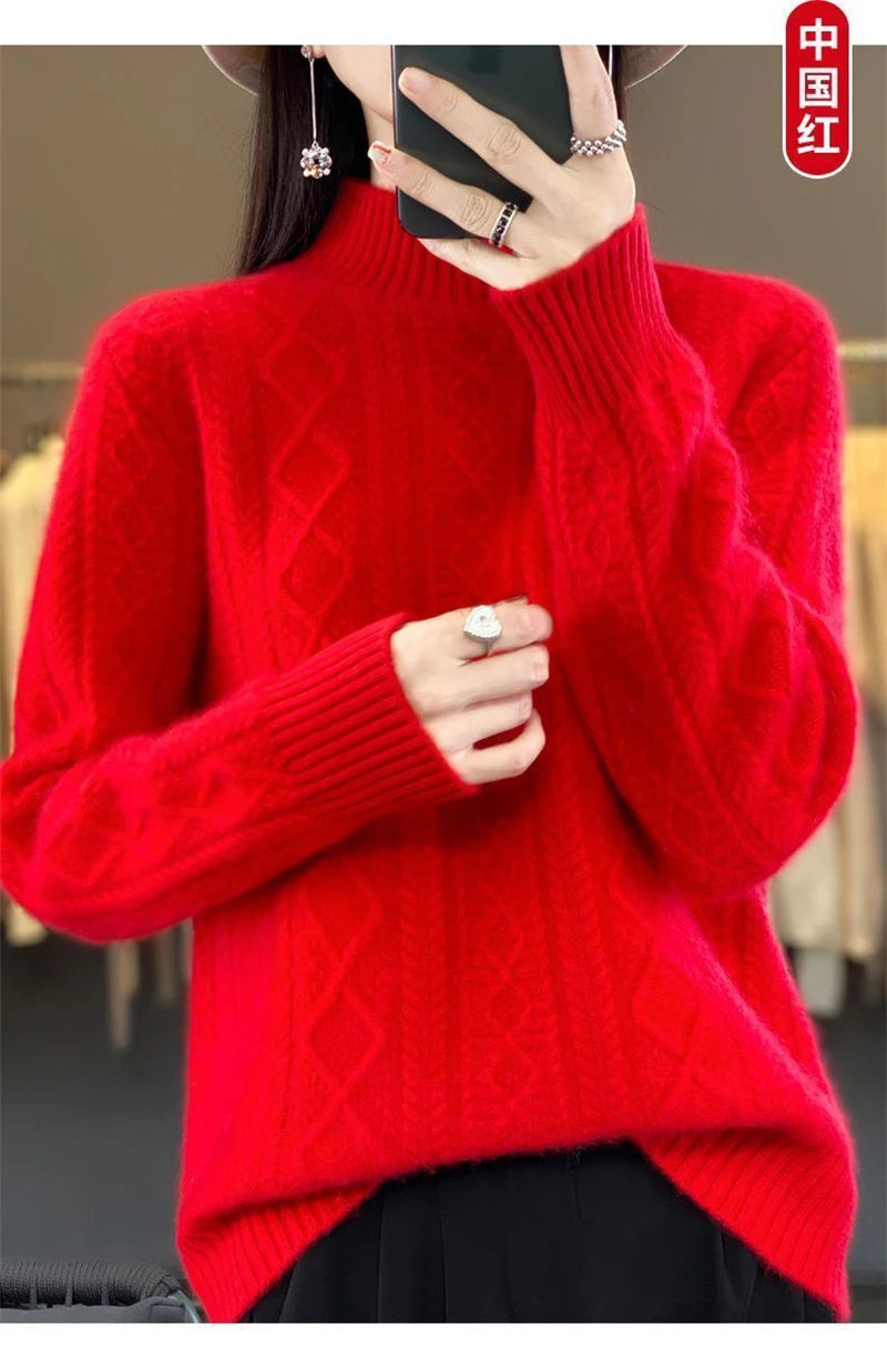 Korean Style Women’s Sweater – 100% Merino Wool Turtleneck Top