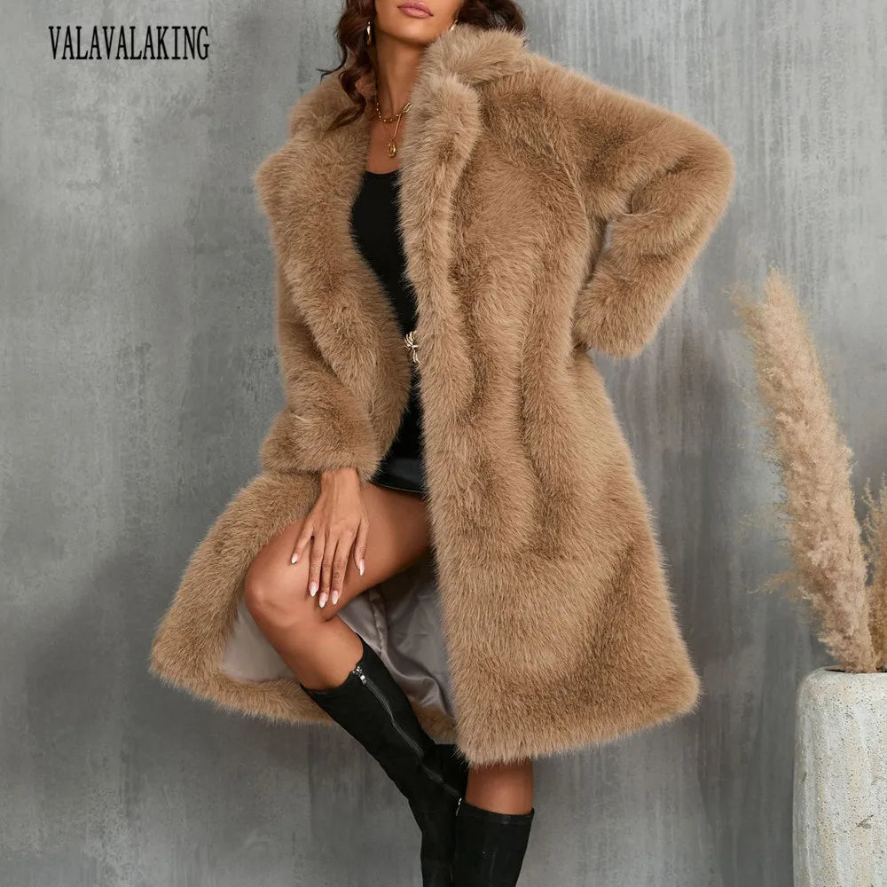 Plus Size Faux Fur Long Coat – Women’s Winter Thick Fluffy Jacket