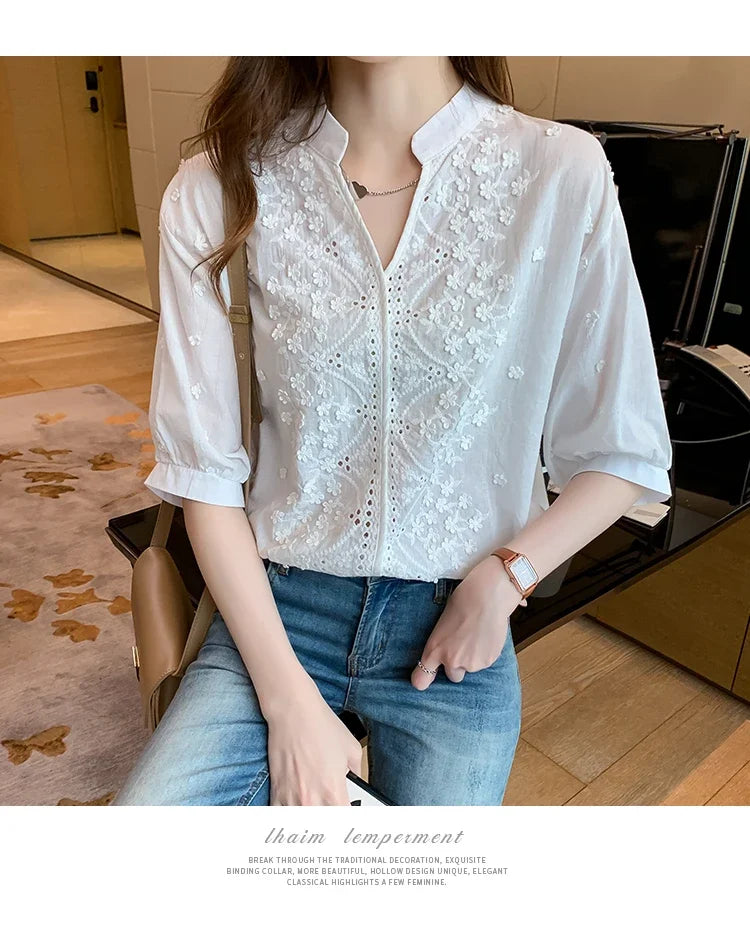 Limited Edition – Hollow-Out V-Neck Cotton Top for Women