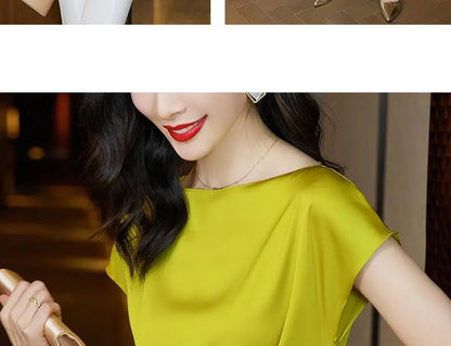 Chic Summer Top – Women’s Short Sleeve Satin Chiffon Blouse