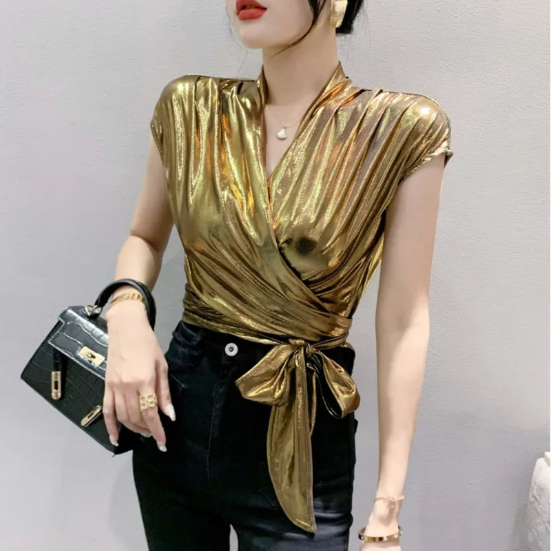 Shine & Chic – Metallic Short Sleeve Wrap Top for Women