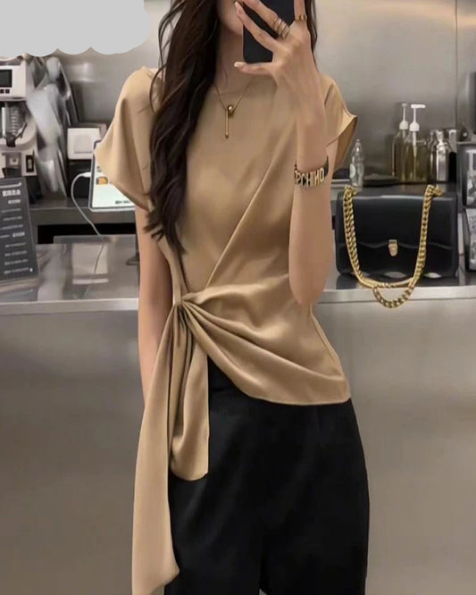 Trendy & Stylish – Lace-Up Solid Slim Blouse for Office