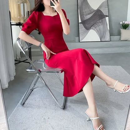 Chic Women’s Ball Gown – Square Collar Puffy Sleeve Fish Tail Dress