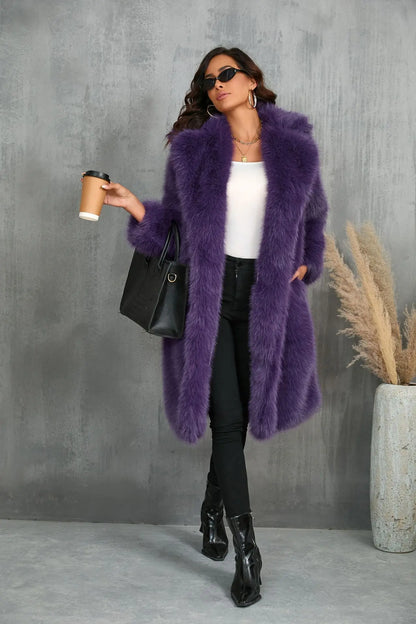 Plus Size Faux Fur Long Coat – Women’s Winter Thick Fluffy Jacket