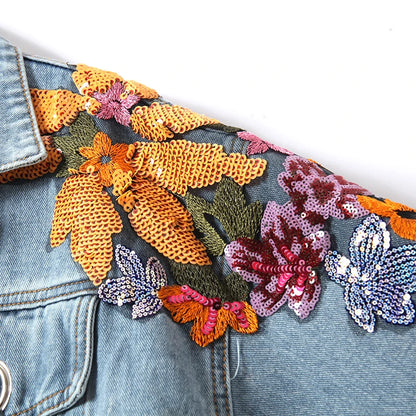 Floral Beaded Denim Jacket – Women’s Cowboy Cardigan Top with Ribbons