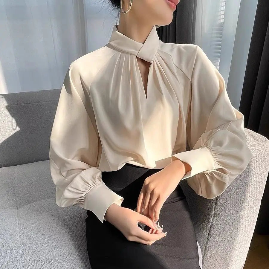 Fashion Spring Blouse – Hollow Puff Sleeve Solid Color Women’s Top