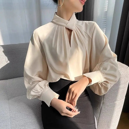 Fashion Spring Blouse – Hollow Puff Sleeve Solid Color Women’s Top