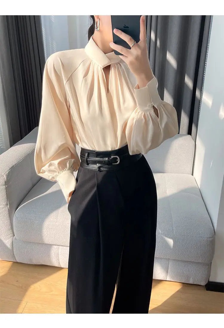 Fashion Spring Blouse – Hollow Puff Sleeve Solid Color Women’s Top