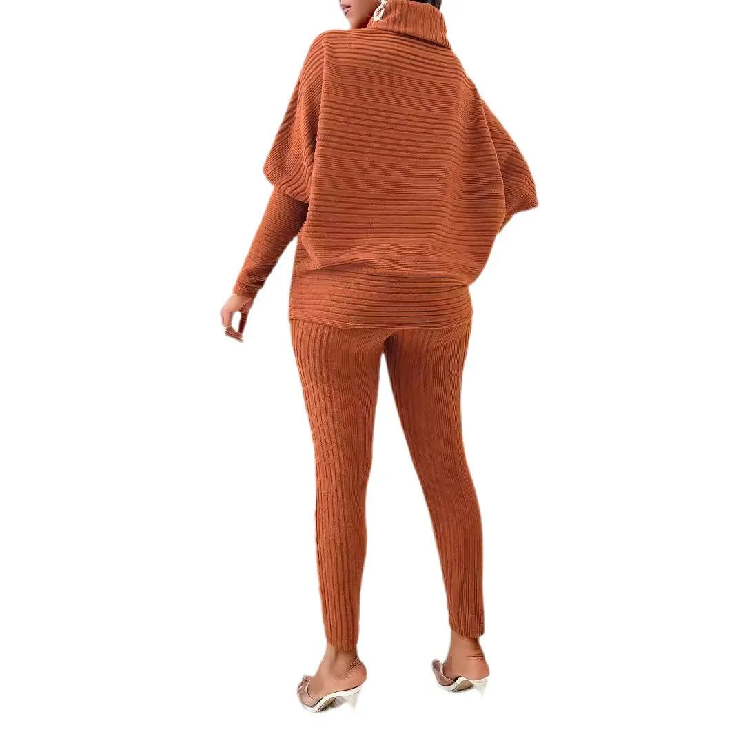 Street Style Two-Piece – High-Neck Top & Slim Knit Pants for Women