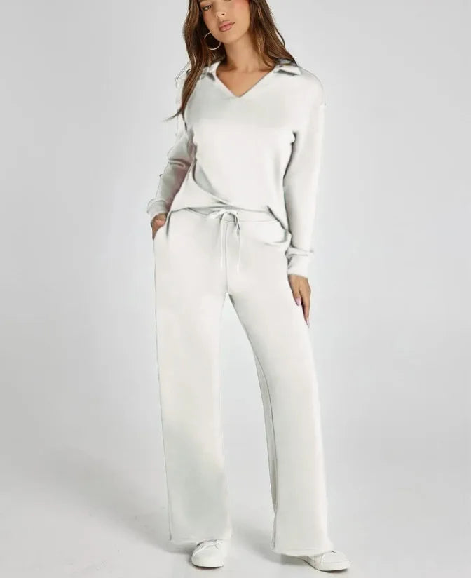 Spring Women’s Outfit – Loose V-Neck Top with Drawstring + Flared Trousers
