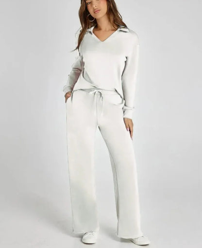 Spring Women’s Outfit – Loose V-Neck Top with Drawstring + Flared Trousers
