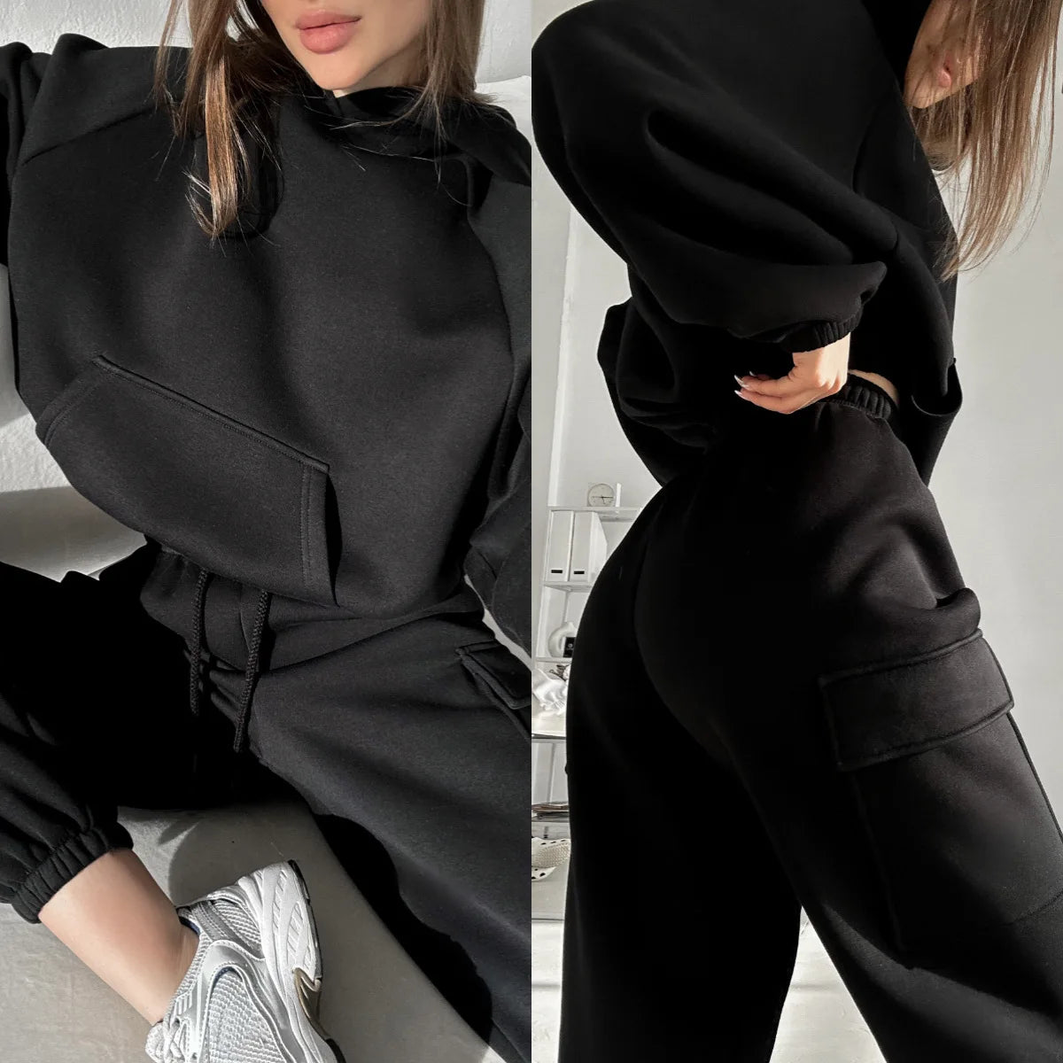 Autumn Winter Casual Outfit – Hoodie with Hood & Tied Waist Pants