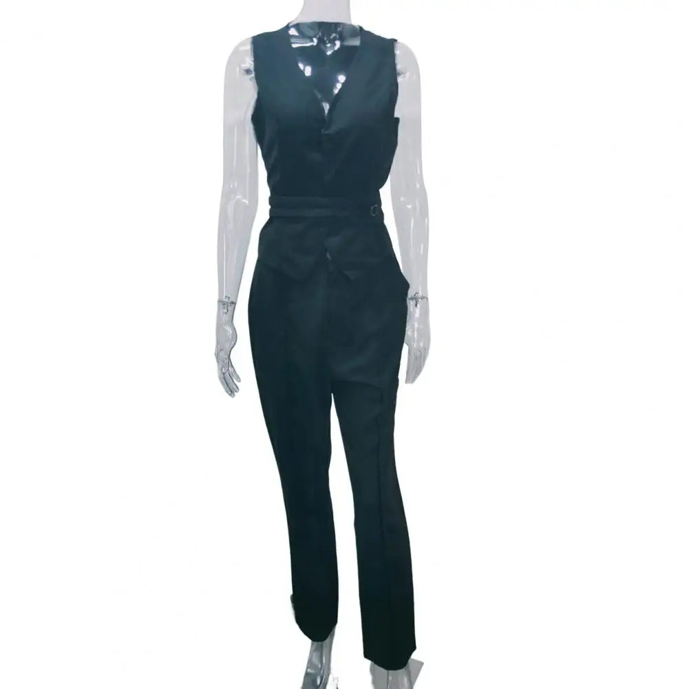 Office Lady 2 Pcs Set – Sleeveless Waistcoat & Straight Pants with Tie Belt