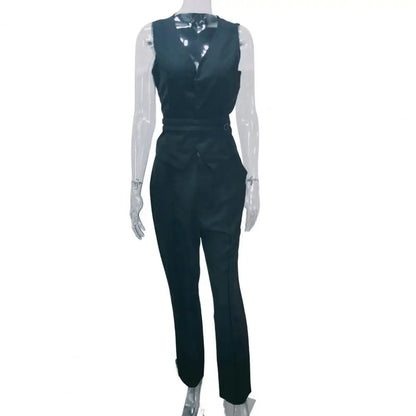 Office Lady 2 Pcs Set – Sleeveless Waistcoat & Straight Pants with Tie Belt