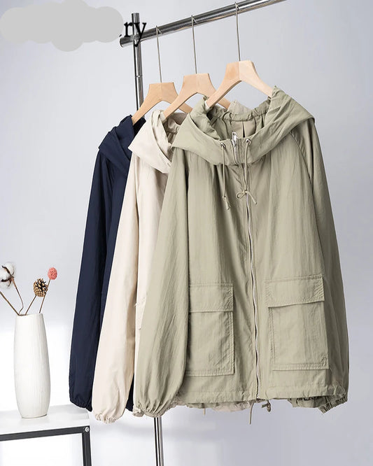 Casual Women’s Rain Jacket – Short Hooded Windproof Coat