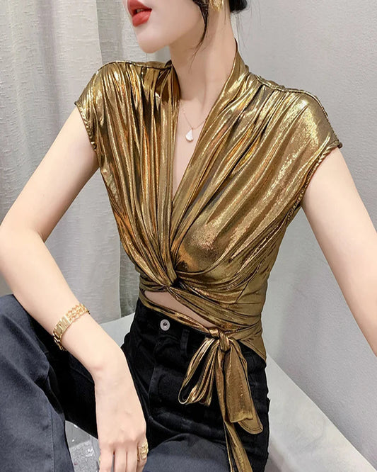Shine & Chic – Metallic Short Sleeve Wrap Top for Women