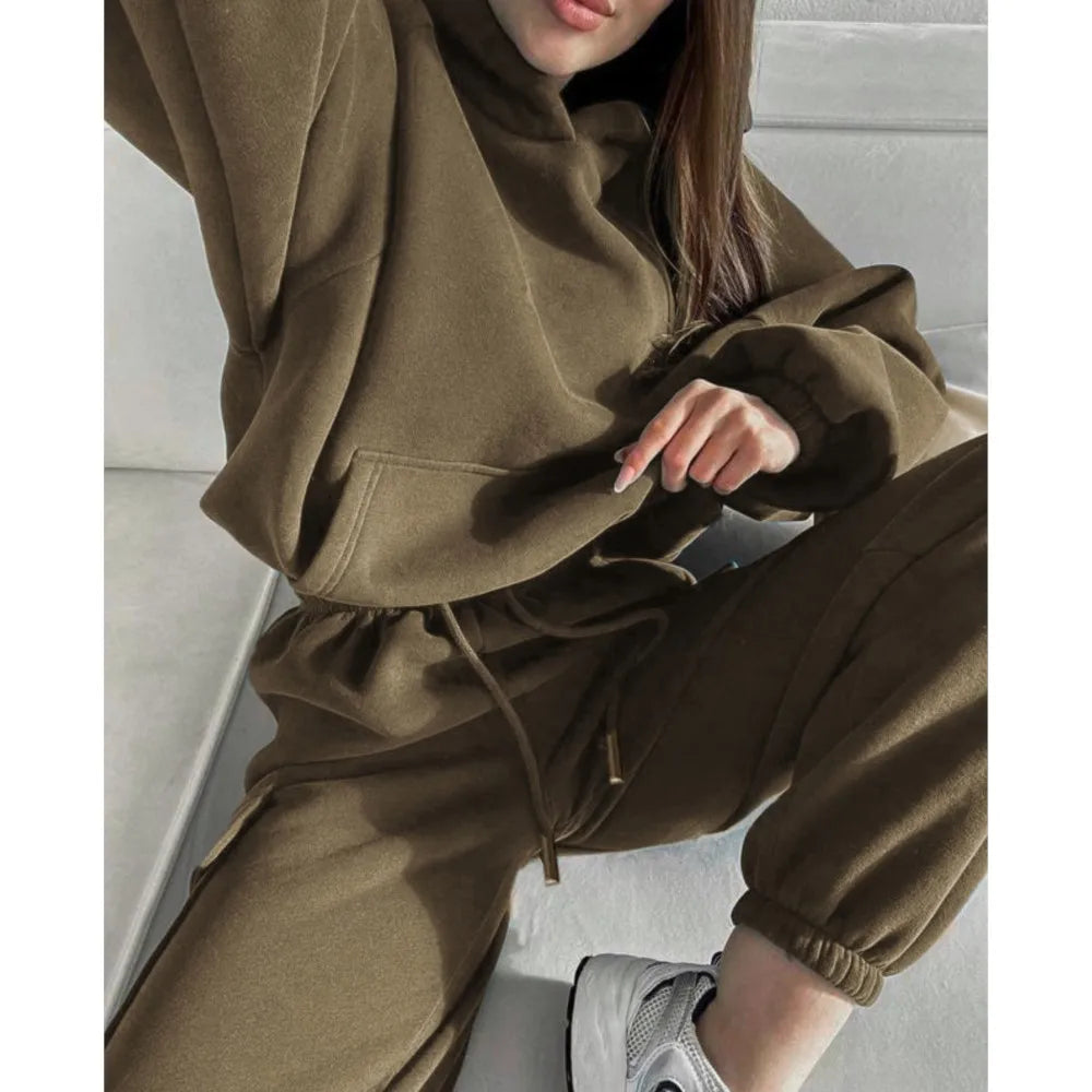 Autumn Winter Casual Outfit – Hoodie with Hood & Tied Waist Pants