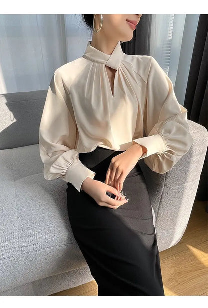 Fashion Spring Blouse – Hollow Puff Sleeve Solid Color Women’s Top