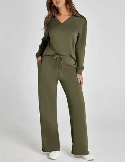 Spring Women’s Outfit – Loose V-Neck Top with Drawstring + Flared Trousers