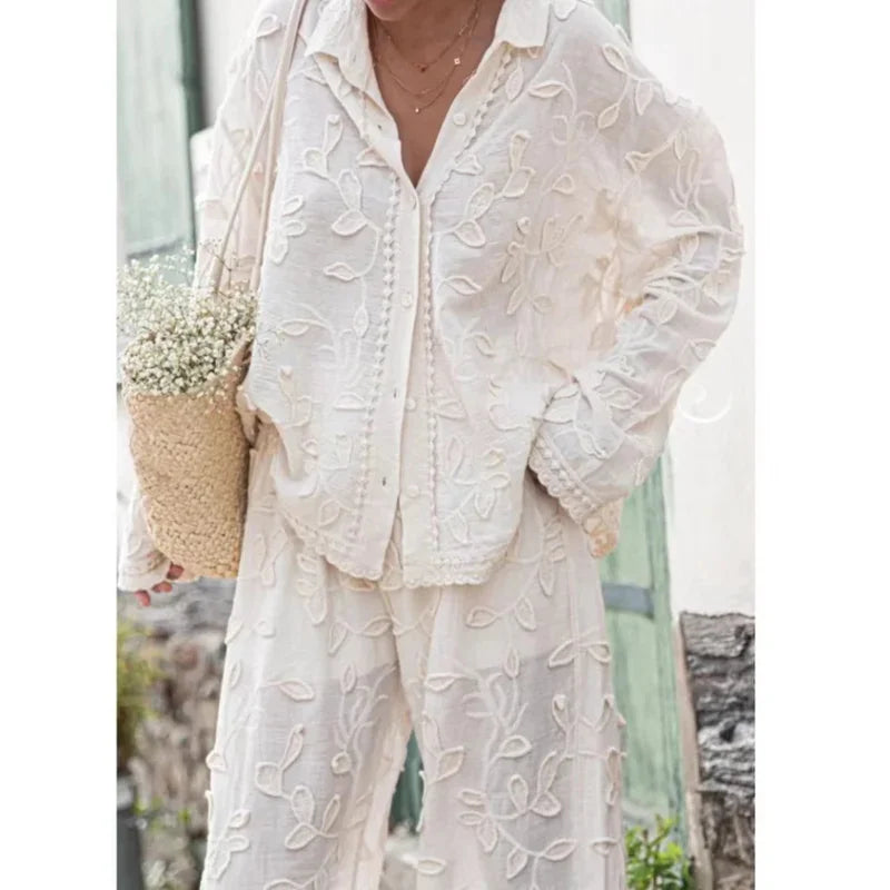 Women’s 2-Piece Suit – Elegant Long Sleeve Shirt & Wide Leg Pants