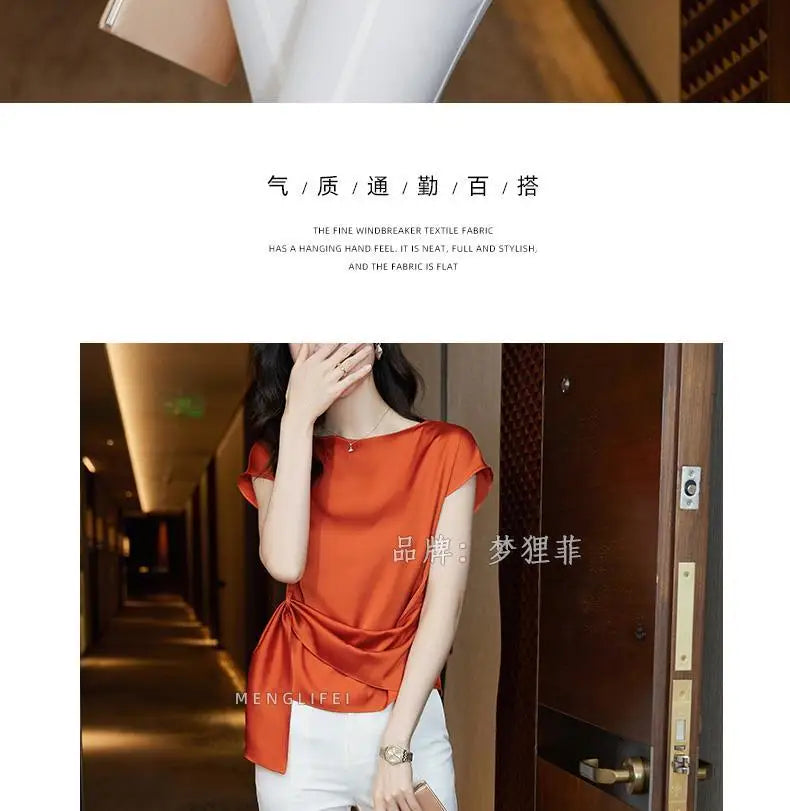 Chic Summer Top – Women’s Short Sleeve Satin Chiffon Blouse
