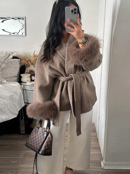 Elegant Woolen Coat – Women’s Full Sleeve Loose Short Coat with Belt
