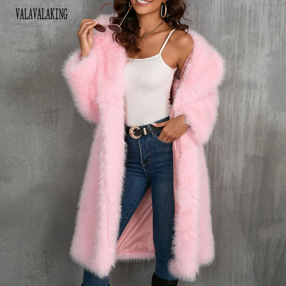 Plus Size Faux Fur Long Coat – Women’s Winter Thick Fluffy Jacket