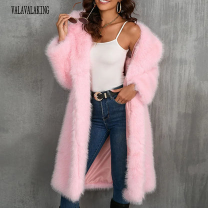Plus Size Faux Fur Long Coat – Women’s Winter Thick Fluffy Jacket