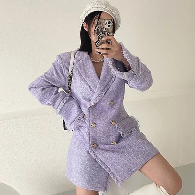 Waist Cinched Wool Coat – Women’s Chic Long Sleeve Double-Breasted Jacke