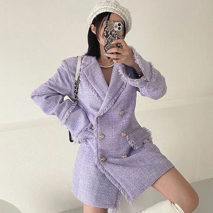Waist Cinched Wool Coat – Women’s Chic Long Sleeve Double-Breasted Jacke