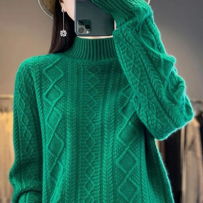 Korean Style Women’s Sweater – 100% Merino Wool Turtleneck Top