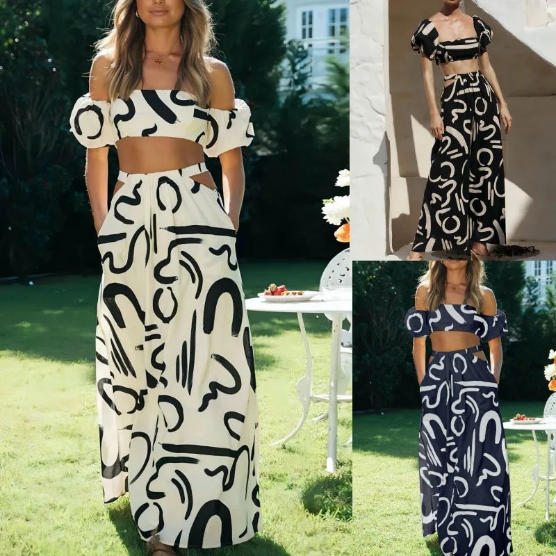 Elegant Women’s Set – Puff Sleeve Top & Hollow Waist Big Hem Dress