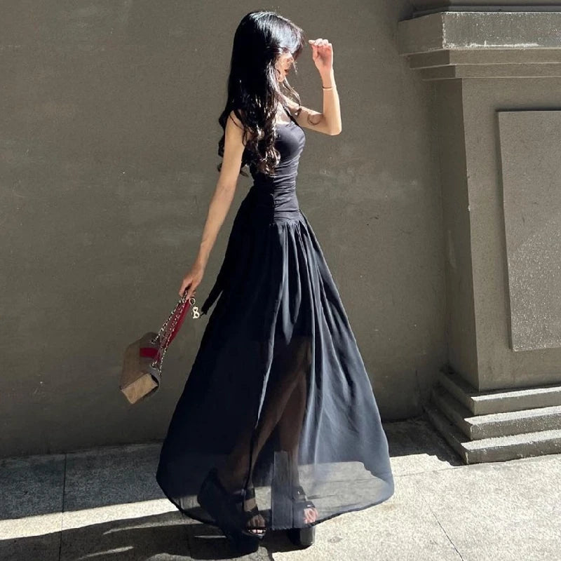 Casual Elegant Summer Dress – High-Waist Solid Ruched Maxi Dress