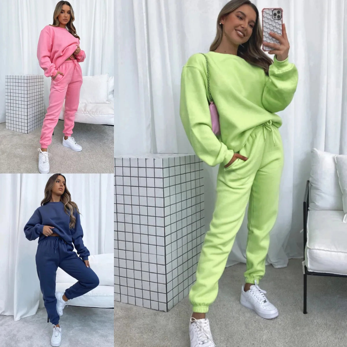 Fashion Women’s Tracksuit – Round Neck Hoodie with Lace-Up Pants
