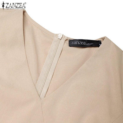 Women’s Summer Pleated Dress – V-Neck Puff Sleeve Party Dress