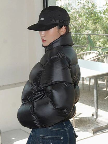 Elegant Solid Color Winter Jacket – Short Cozy Coat with Pockets