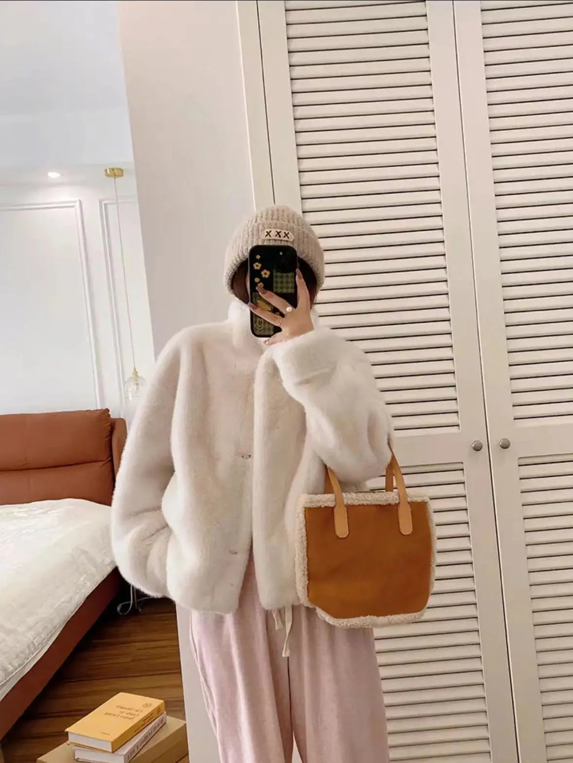 Golden Mink Lined Faux Fur Coat – Short Stand Collar Winter Jacket
