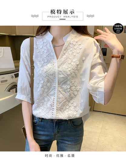 Limited Edition – Hollow-Out V-Neck Cotton Top for Women