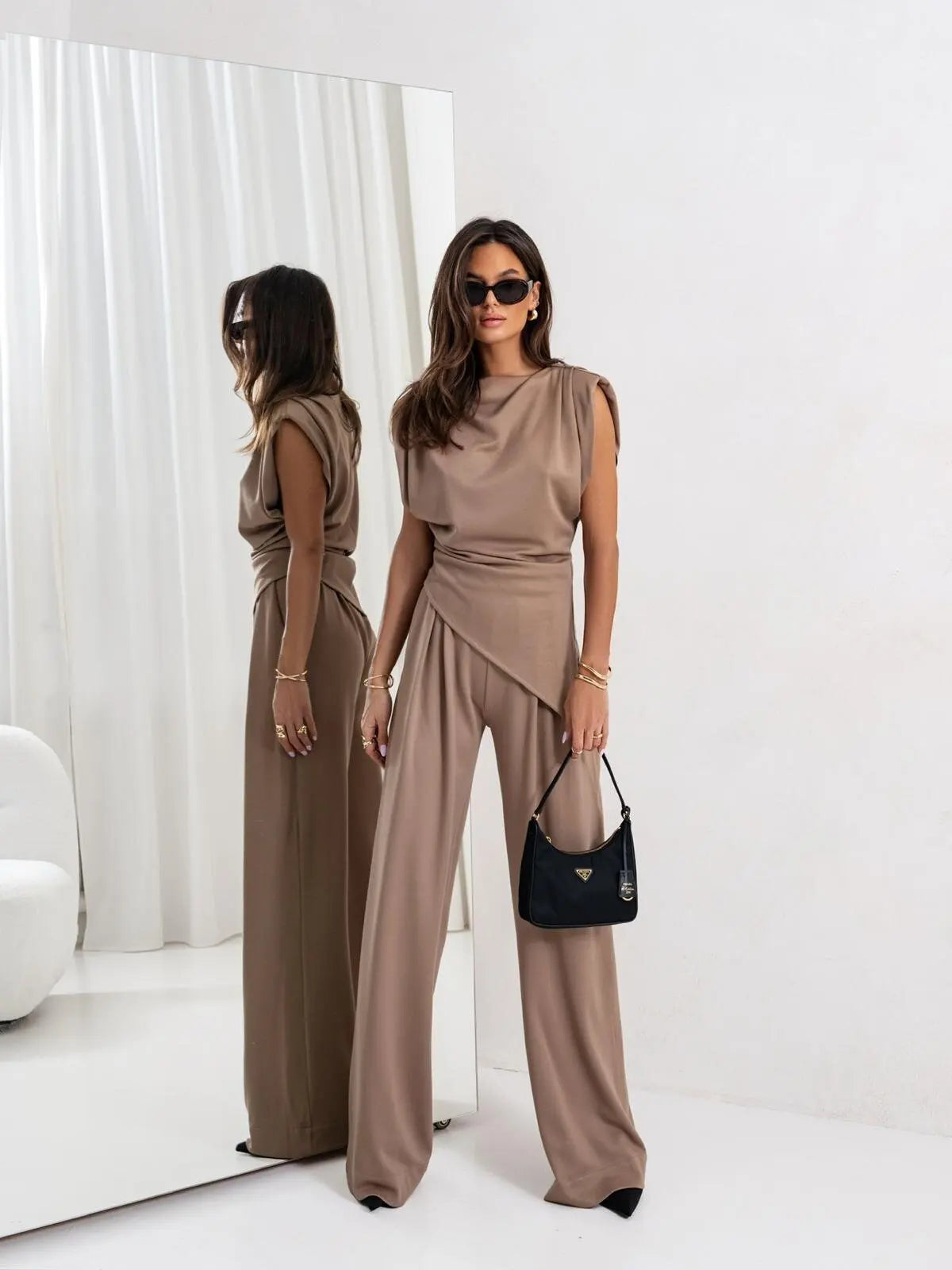 Women’s Solid Color Summer Set – Irregular Top + Wide Leg Pants