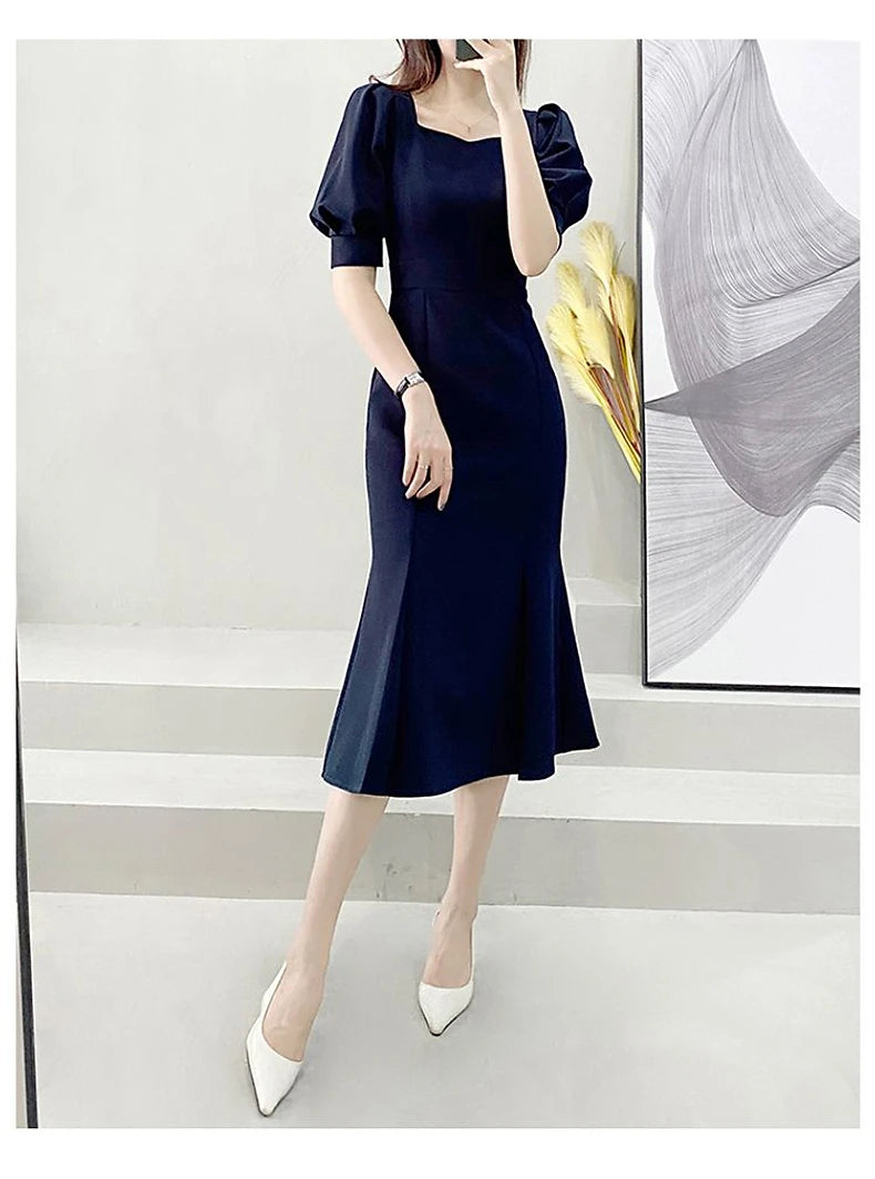 Fashionable Summer Dress – Slim Fit Square Collar Bubble Sleeve