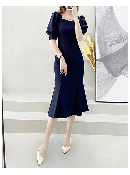 Fashionable Summer Dress – Slim Fit Square Collar Bubble Sleeve